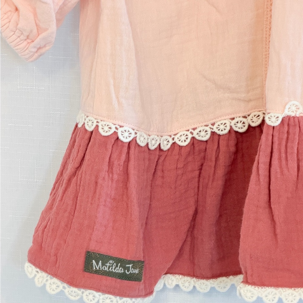 Matilda Jane Pink Boho Peasant Top Lace Trim Tiered Hem L - Picture 6 of 6